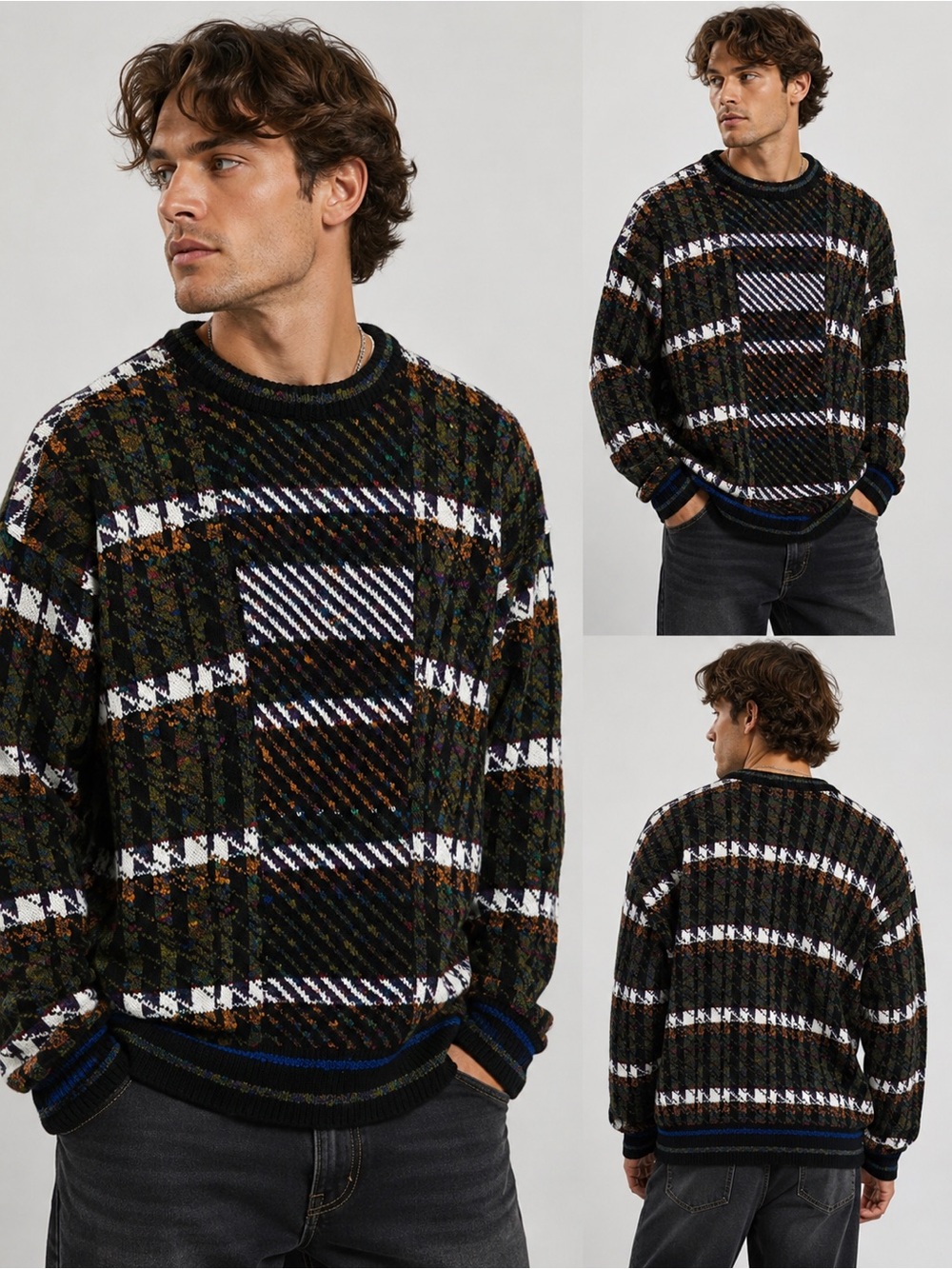 Vintage Concrete Men's Black Plaid Knit Sweater - Classic Crewneck size large